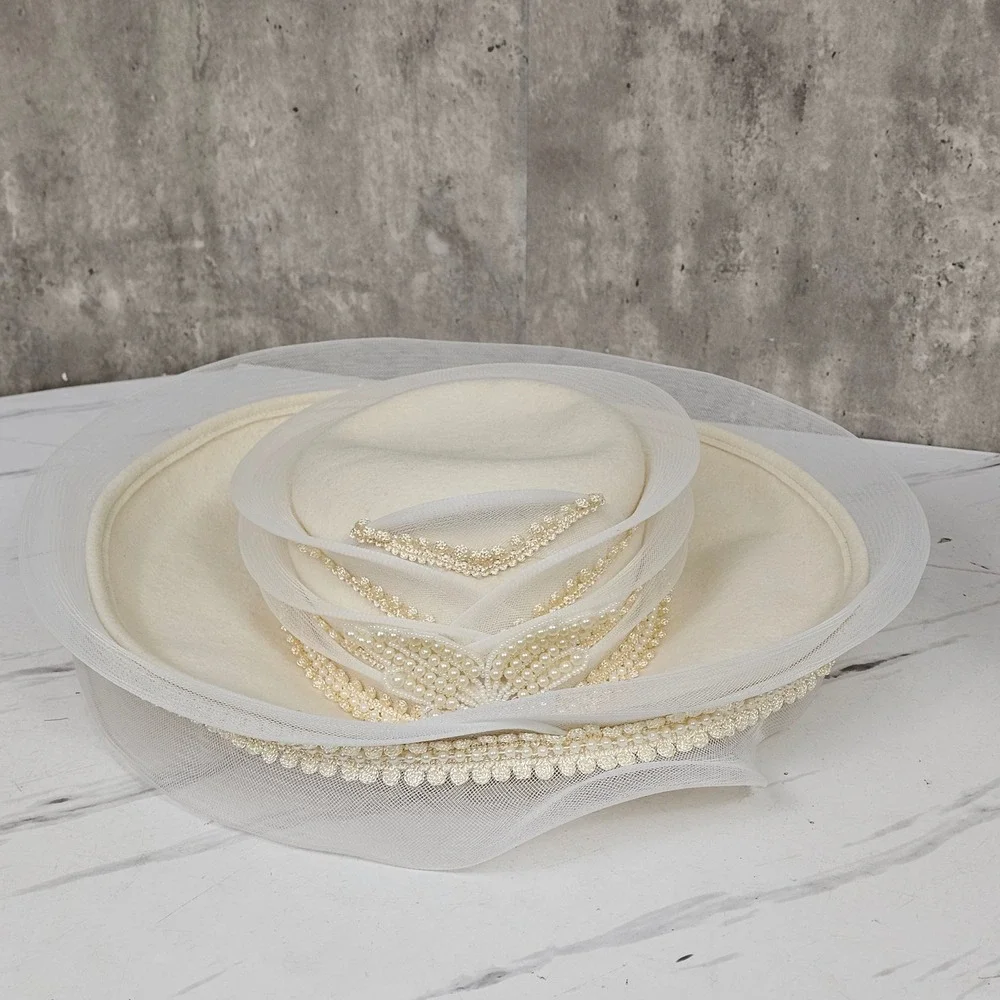 Vintage Church Hat Cream Formal Dress‎ Hat Pearl Beaded Wedding Party - Picture 2 of 13